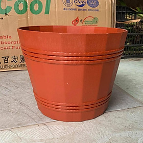 Chậu Nhựa Tròn Kiểu Dáng Thùng Gỗ, Chậu Để Bàn màu nâu