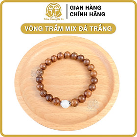 Vòng tay mix đá cẩm thạch đế bạc phong thủy trầm hương HÀ XÁ đeo tay cặp đôi nam nữ mệnh kim mộc thủy hỏa thổ may mắn tài lộc - tròn đơn mix đá TRẮNG + bế bạc - Mệnh Kim - 10 li cho nam và nữ