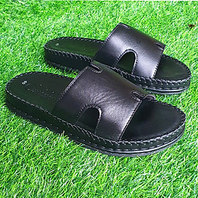 Dép nam đế cao 3cm bản ngang chữ H da bò trường Hải màu đen D146
