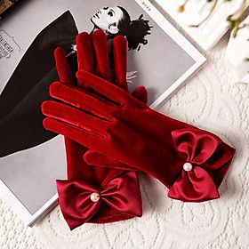 Găng tay chất liệu nhung đính nơ ngọc trai màu đỏ đô cho Cô dâu và Dạ hội, đi tiệc, sự kiện, đạo cụ cosplay, chụp ảnh, studio MS: 45351