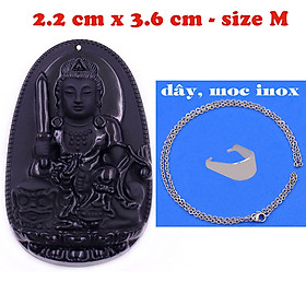 Mặt Phật Văn thù thạch anh đen 3.6 cm kèm dây chuyền inox - mặt dây chuyền size M, Mặt Phật bản mệnh
