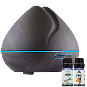 Máy khuếch tán/ máy xông tinh dầu Quả đào gỗ nâu Lorganic FX2025 + tinh dầu sả chanh + tinh dầu cam Lorganic (10ml x2)
