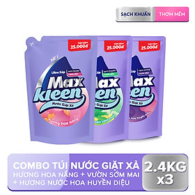 Combo 3 Túi Nước Giặt Xả Maxkleen 2.4kg/túi: 1 Hương Hoa nắng + 1 Hương Vườn sớm mai + 1 Hương Huyền diệu