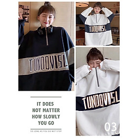 Áo Sweater Nỉ In Chữ TUNOQV Cổ Cao Phối Màu Dáng Rộng 2 Màu Siêu Basic