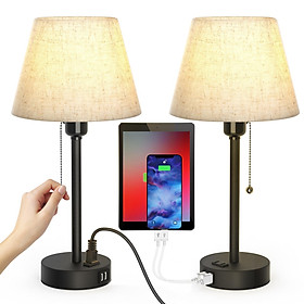 Tomshine Bedside Table Lamp Dual USB and Socket Night Light Desk Lamp for Living Room Bedroom Pull Chain Switch