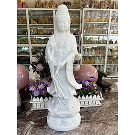 Mua Tượng Phật Bà Quan Thế Âm Bồ Tát đứng đài sen đá cẩm thạch trắng - Cao 50 cm
