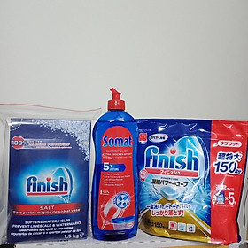 Combo viên rửa bát finish 150 viên + muối rửa bát finish 1,2kg + nước làm bóng somat 750ml dùng cho máy