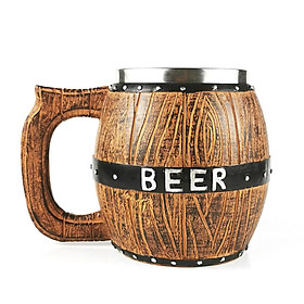 Stainless Steel Wooden Barrel Beer Mug Large Capacity Beer Barrel Vintage Bar Beer Mug (550ml)