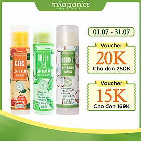 Combo Son Trà Xanh + Son Gấc + Son Dừa Dưỡng Môi, Giảm Thâm, Hồng Môi Milaganics (4.5g / Cây)