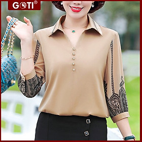 Áo Trung Niên Nữ Cao Cấp BigSize- Áo Lụa Trung Niên Che Bụng Dạng Áo Kiểu Quý Bà Cổ Bẻ In Họa Tiết U50 U60 GOTI 3A28