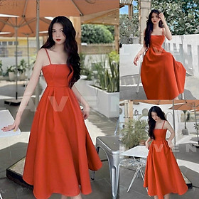 Đầm váy nữ 2 dây xòe bồng bềnh với màu cam tôn da xinh như công chúa dành cho các nàng yêu
