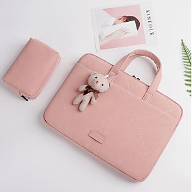 Túi xách da chống sốc cho máy tính, macbook, laptop màu hồng cute - Tặng kèm gấu bông và ví đựng phụ kiện