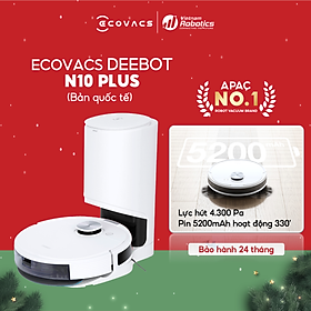 Robot hút bụi lau nhà Ecovacs Deebot N10 PLUS New - Trắng Bản Quốc tế - App Tiếng Việt, hàng nhập khẩu chính hãng full VAT, bảo hành chính hãng 24 tháng bởi Vietnam Robotics, lực hút 4300Pa, thời gian hoạt động 6,5 giờ liên tục