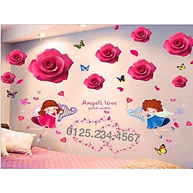Decal dán tường Combo Bông hồng + đôi thiên thần