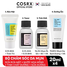 Bộ Chăm Sóc Da Mụn COSRX: Gel Rửa Mặt 20ml + Nước Hoa Hồng AHA/BHA 20ml + Tinh Chất Ốc Sên 20ml + Sữa Dưỡng Ẩm 20ml