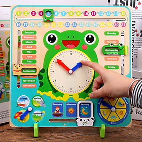 Đồ chơi Gỗ Đồng hồ và Lịch kỹ thuật số hình chú ếch xanh đa chức năng 7 trong 1 cho bé phát triển tư duy 