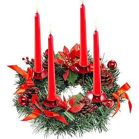 Vương miện Mùa Vọng Giáng sinh trong Pin với Advent Crown Pine Pottoles Ring Bàn bàn Giáng sinh Bàn bàn Trung tâm Trang trí văn phòng, đường kính 36 cm - Màu đỏ
