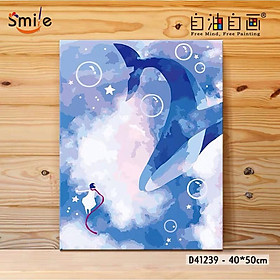 Tranh số hóa tự tô màu theo số cao cấp Smile FMFP Cá voi xanh Cá voi bay GB07