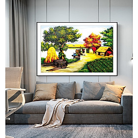 Tranh Sơn dầu Phong cảnh Làng quê Việt Nam nghệ thuật. , Khung hợp nhôm chống ẩm, bền, đẹp, nhiều kích thước. Phù hợp nhiều không gian sang trọng