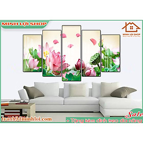 Tranh tráng gương pha lê BÔNG SEN 5 tấm trang trí phòng khách hiện đại TẶNG KÈM ĐINH TREO 5TBS020