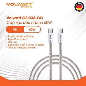 Mua Cáp sạc nhanh 60W Volwatt GE-038-CC hàng chính hãng| Cáp Type-C to Type-C PD  truyền dữ liệu 480Mbps  1m – BH 12 tháng