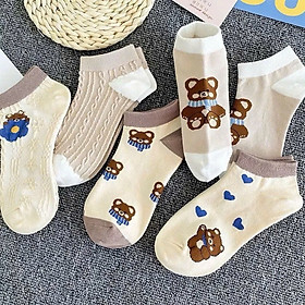 Tất Nữ, Combo 5 Đôi Tất Nữ Cổ Ngắn, Mẫu Tất Nữ Hình Gấu Nhiều Màu Dễ Thương Thời Trang - Giao Mẫu Ngẫu Nhiên