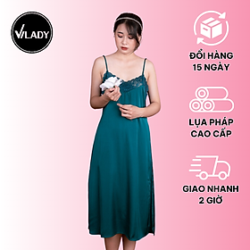 Đầm ngủ, Váy ngủ lụa Pháp (Lụa Latin) cao cấp VILADY - V150, phối ren ngực và lưng, xẻ đùi 2 bên (Màu Xanh rêu)