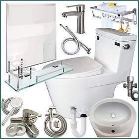 Mua Combo thiết bị nhà tắm GRMT05 10 món: Bồn cầu 1 khối xả nhấn ngang-Lavabo treo tường-Vòi sen tắm nóng lạnh tăng áp inox 304 kèm full bộ phụ kiện nhà tắm