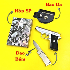 Mua Hột quẹt bật lửa khè hình súng M9 3IN1 có bao da (bật lửa  súng  da.o bấm) size 13cm - MÀU BẠC