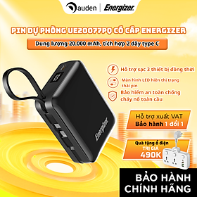 Sạc dự phòng Energizer 20,000mAh sạc nhanh 35W, sạc cùng lúc 3 thiết bị, tích hợp 2 dây type C - Hàng chính hãng