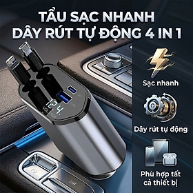 Tẩu Sạc Nhanh C1 Dây Rút Tự Động 4 in 1 USB Type-C Và Lightning Đa Năng Vỏ Hợp Kim Cao Cấp - Nhập Khẩu Chính Hãng