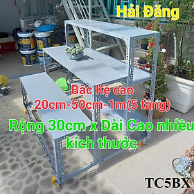 Kệ sắt V lỗ 3 bậc 5 tầng mâm KỆ CÓ GẮN BÁNH XE  RỘNG 30cm x DÀI Từ 60cm