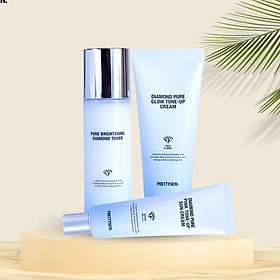 Combo 3 món bộ trắng da kim cương PrettySkin gồm nước hoa hồng, kem dưỡng trắng và kem chống nắng