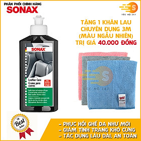 Kem làm sạch và dưỡng ghế da chuyên dụng Sonax 291141 250ml - tặng 1 khăn 3M màu ngẫu nhiên - Không cần nước, kéo dài tuổi thọ da, hạn chế khô cứng và bong tróc, phục hồi da cũ