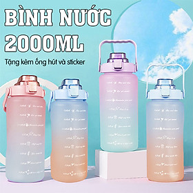 Bình nước 2l tặng sticker  có vạch báo chia giờ uống nước kiểu dáng trẻ chung - K1312