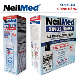 Combo Adult Full Protect: Bình Xịt Rửa Vệ Sinh Mũi Xoang Người Lớn NeilMed Sinus Rinse & Spray -SX Mỹ, Đánh Bật Sổ Mũi, Ngạt Mũi và Viêm Mũi (Bình 60 gói muối rửa; 1 chai xịt phun sương 75ml)