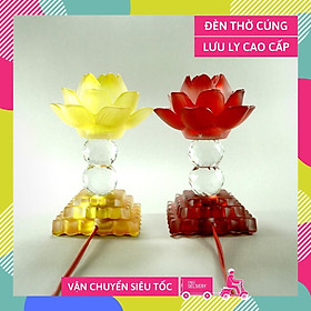 Đèn thờ cúng điện lưu ly chân pha lê hoa sen nguyên khối đèn thờ led trụ vuông tầng - Cao 18cm