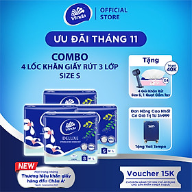 Khăn giấy rút cao cấp Vinda Deluxe 3 lớp 50 tờ size S (4 Gói)