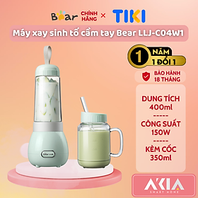 Máy xay sinh tố cầm tay mini Bear LLJ-C04W1, Dung tích 400ml, Kèm cốc có quai cầm 350ml - HÀNG CHÍNH HÃNG - Hồng