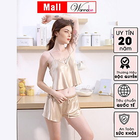 Đồ bộ mặc nhà lụa cao cấp WANNABE BSS62 đồ bộ quần sọt áo hai dây cổ áo phối ren thêu Nhật hình tam giác nhẹ nhàng