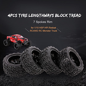 4PCS 1/10 Off-road Tyre Lengthways Block Tread Pattern 7 Spokes Rim for 1/10 HSP HPI Redcat RC4WD RC Monster Truck