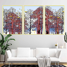 Bộ 3 tranh canvas treo tường Decor họa tiết cách điệu hươu và rừng cây, phong cách hiện đại - DC030