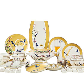 Mua Bộ bát đĩa bằng sứ xương cao cấp 60 chi tiết mạ họa tiết chim viền vàng DECOR cao cấp