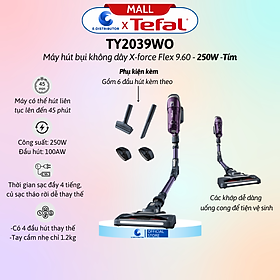 Máy hút bụi không dây X-force Flex 9.60 TY2039WO - Tím - Hàng Chính Hãng - - Công suất: 250W  - Đầu hút: 100AW  - Thời lượng pin: 45 phút