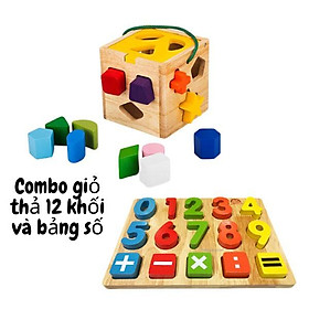 Combo đồ chơi giỏ thả 12 khối và bảng số bằng gỗ Việt Nam