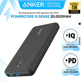 Pin sạc dự phòng ANKER PowerCore III SENSE 20K dung lượng 20000mAh với 3 cổng PIQ 2.0, hỗ trợ tối đa 20W khi sạc 1 cổng - A1365