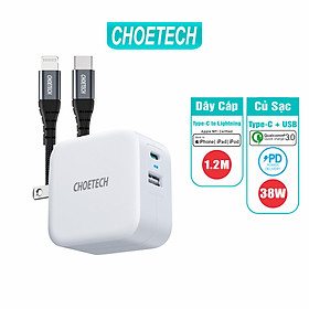 Bộ Củ Sạc CHOETECH QC 3.0 & PD 3.0 38W PD5002-W + Cáp Type C To Lightning MFI Apple 1.2M IP0039 Sạc Nhanh iPhone - Hàng Chính Hãng