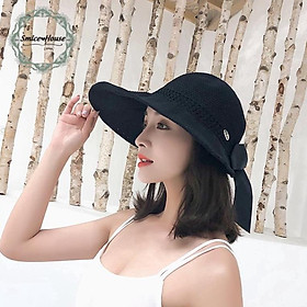 Nón cói rộng vành thoáng khí phong cách thanh lịch dành cho nữ đi biển che nắng hở chóp mũ có thể gấp gọn đính nơ - Smice House