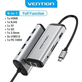 Cáp chuyển USB Type-C 9 in 1 to HDMI + USB 3.0*3 + LAN + SD + TF + PD (87w) Vention THAHB - Hàng chính hãng