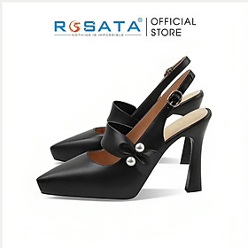 Giày cao gót nữ ROSATA RO601 mũi nhọn đính hạt quai hậu khóa cài gót cao 9cm xuất xứ Việt Nam - ĐEN
